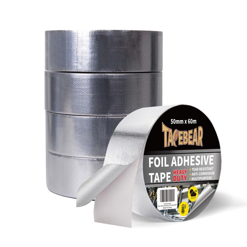 TAPEBEAR Aluminum Foil Heat Shield Tape 2inch x 65Yards, Aluminized Fiberglass Cool Tape 5.5mil Heat Resistant Tape Thermal Barrier for Air Dryer Vent, HVAC, Heating Unit, Hose and Pipe, 5Rolls/980Ft - Image 1